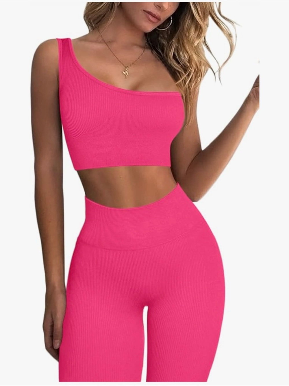 Hot Pink Ribbed One-Shoulder Crop Top & High-Waist Leggings Set